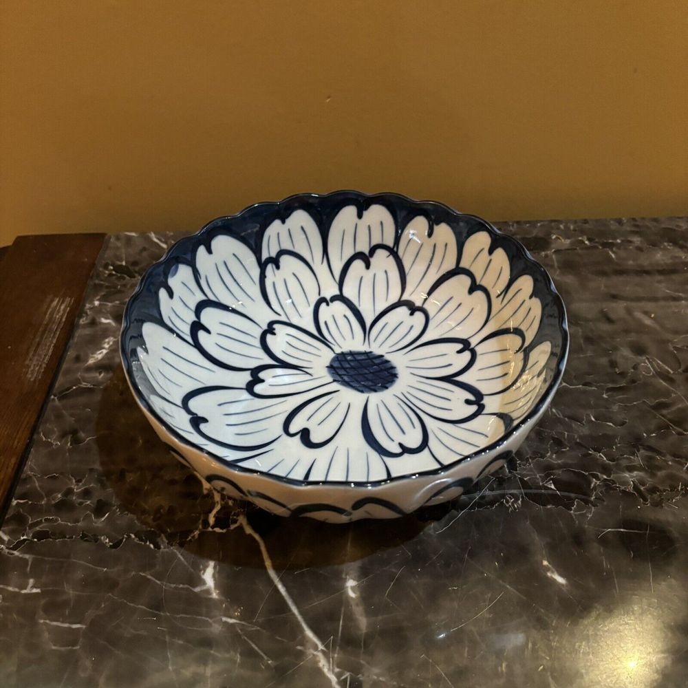 Pier 1 Japan Vintage Blue and White Floral Serving Bowl chrysanthemum‎ floral 8"